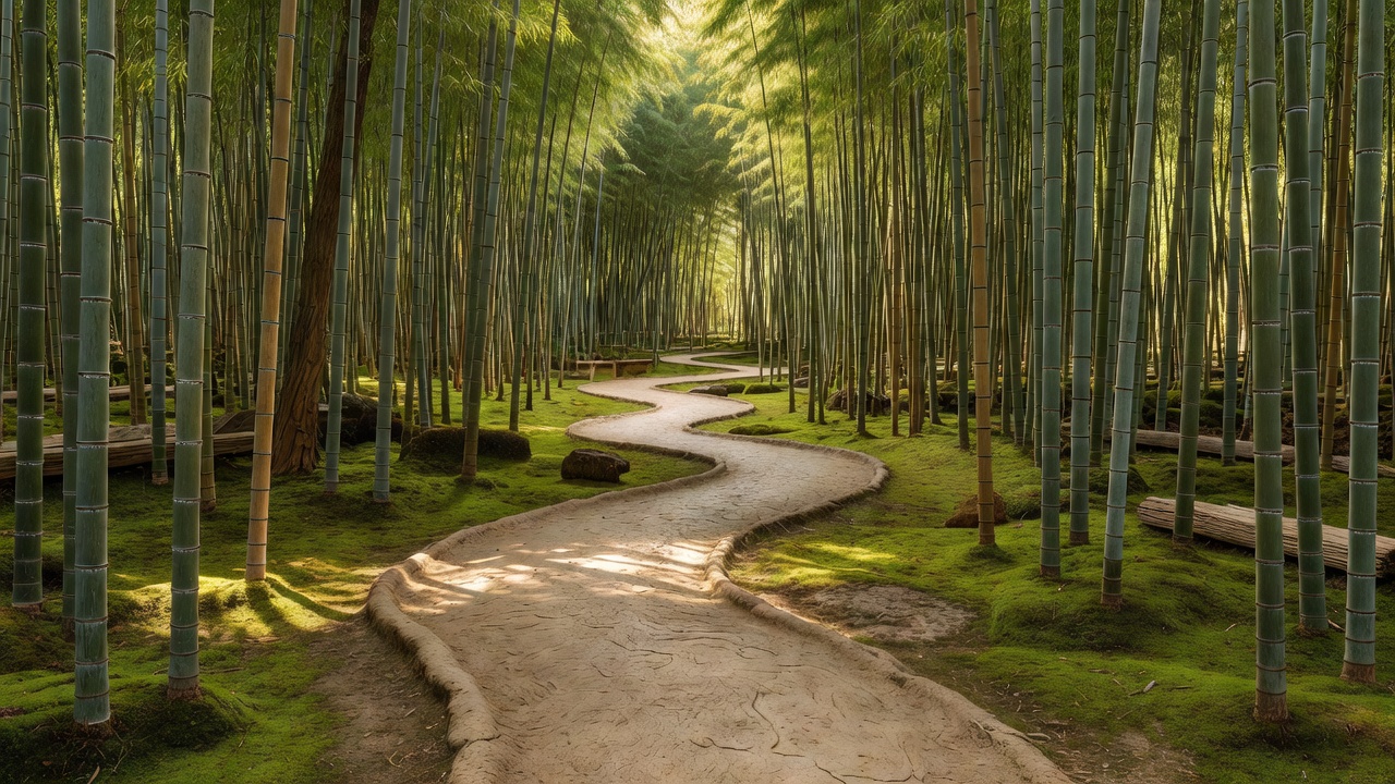 竹林の中を抜ける粘土の小径