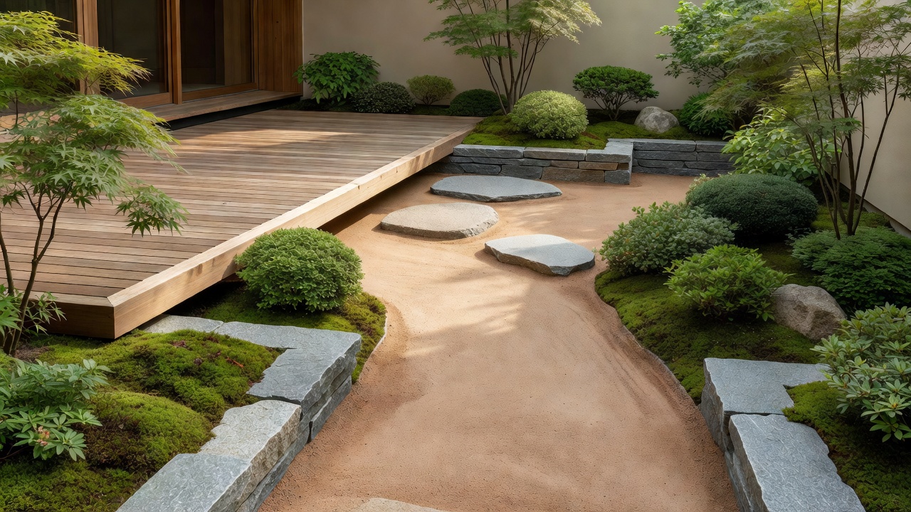 木製の縁側と粘土の道が交わる場所